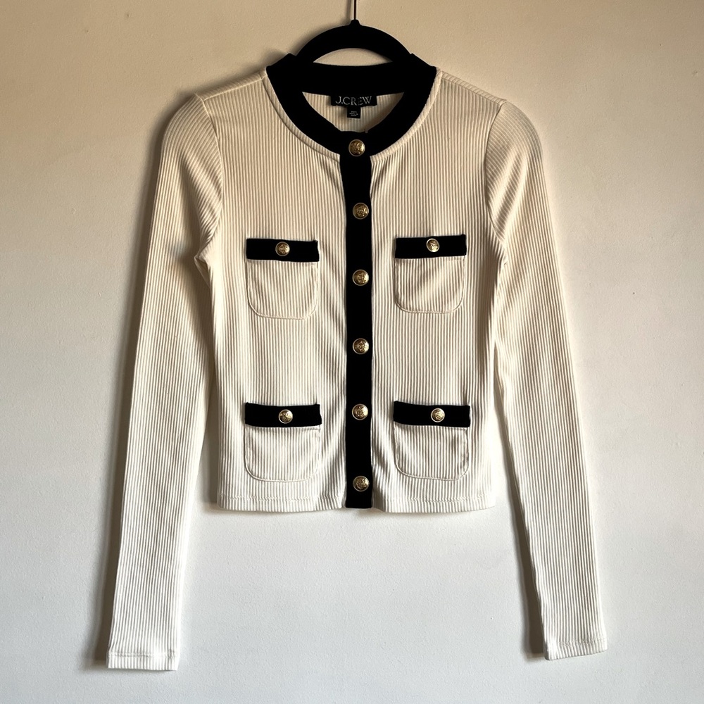 JCrew Vintage Rib Lady Jacket Cardigan XXS Ivory Black Gold Buttons $79.50 BW073 - Picture 2 of 13
